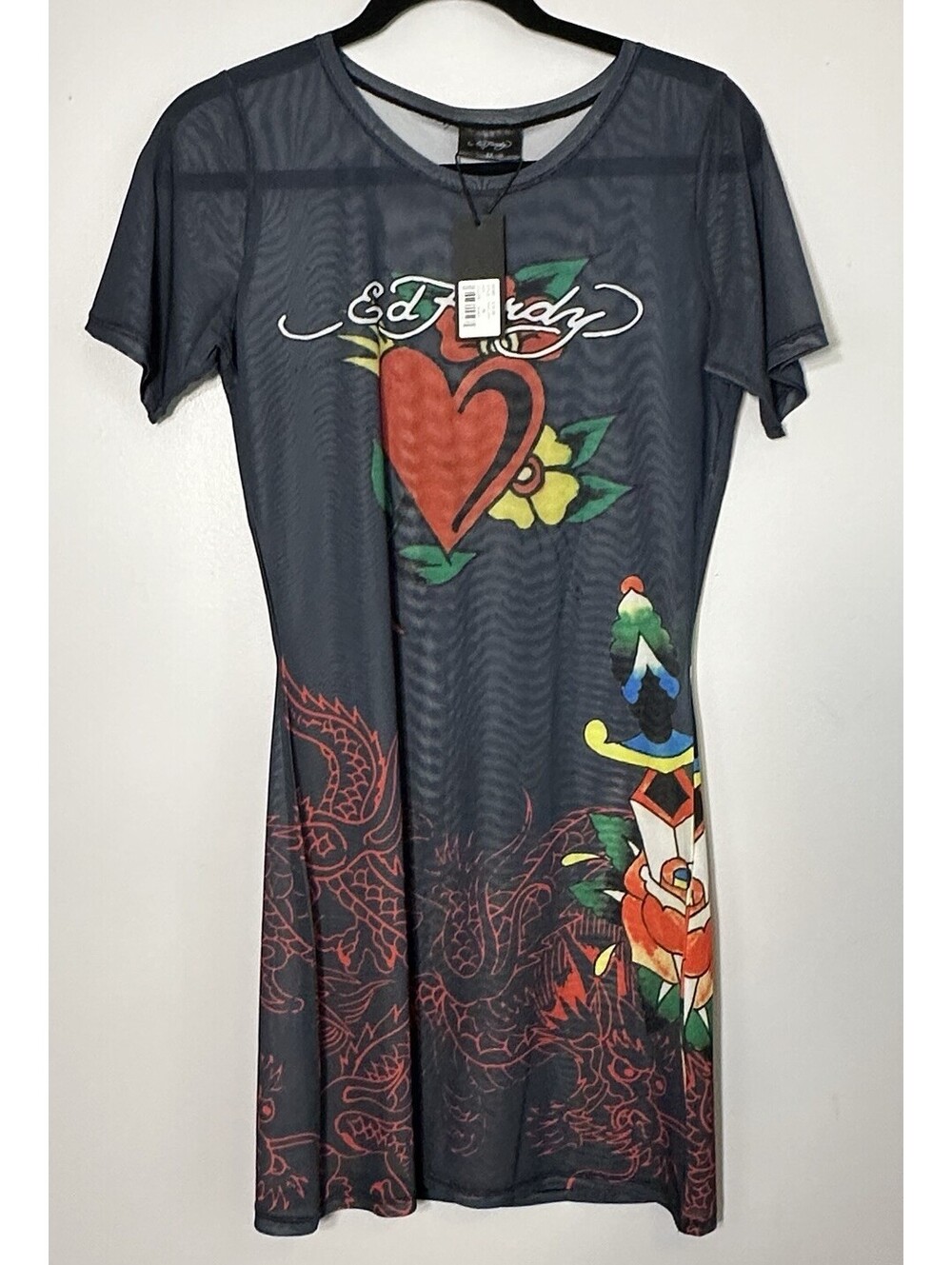 NWTS Ed Hardy Swim Black Dragon Heart By Christian Audigier Mesh Cover Up Small.